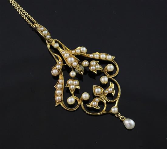 An Edwardian style gold and seed pearl set drop pendant, pendant 2in.